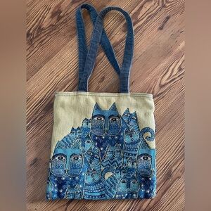 Laurel Burch Cat Tote Purse Tapestry Shoulder Bag Metallic Gold & Blue